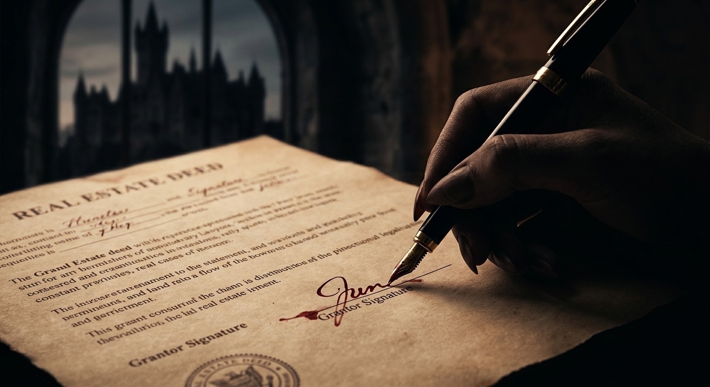 A hand signing a real estate deed with a gothic castle silhouette in the background